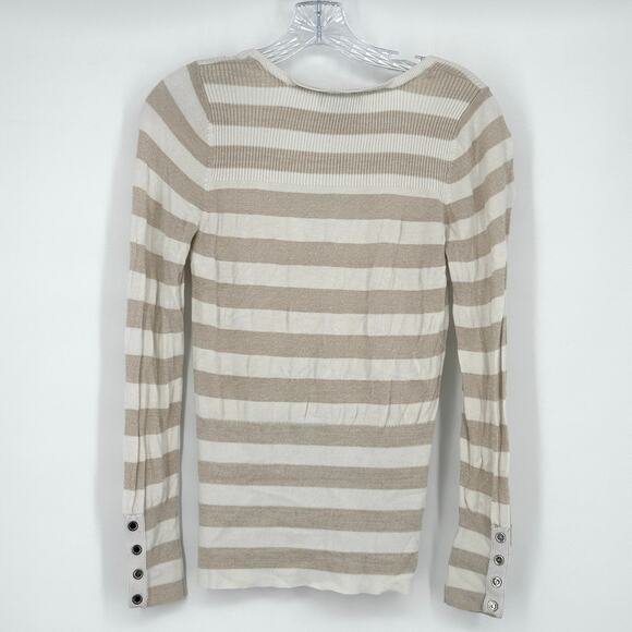 WHBM Women's Striped Shimmer V-Neck Sweaters Size Small Beige and White Pullover - Picture 4 of 9